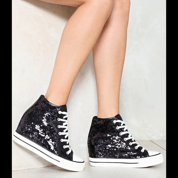 Nasty Gal Sequin Hidden Wedge Sneakers - Picture 1 of 14